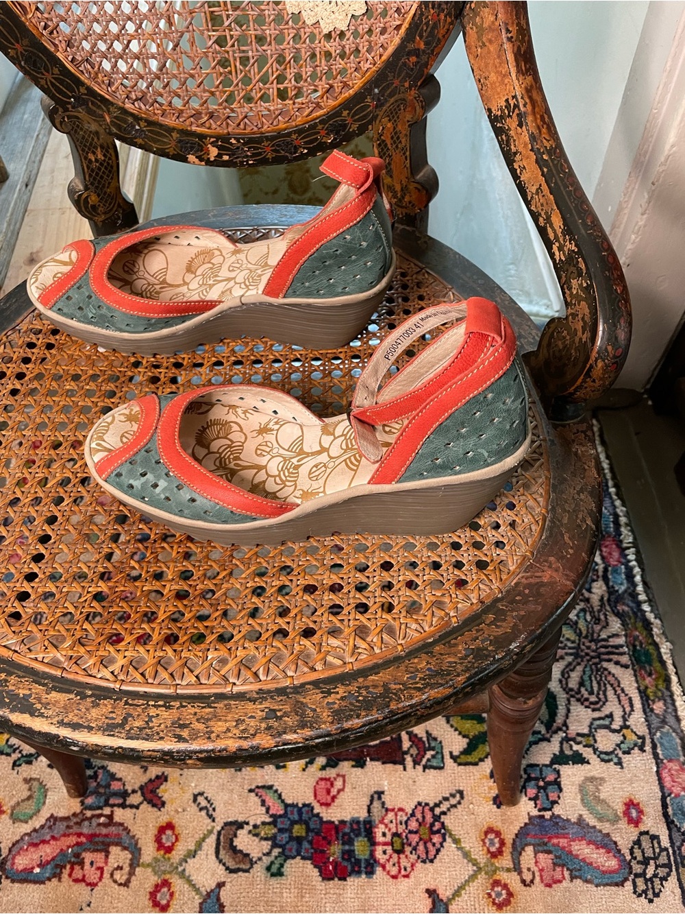 Fly London Two-Tone Green and Red Suede Ankle-Strap Wedge Sandals - Picture 2 of 9